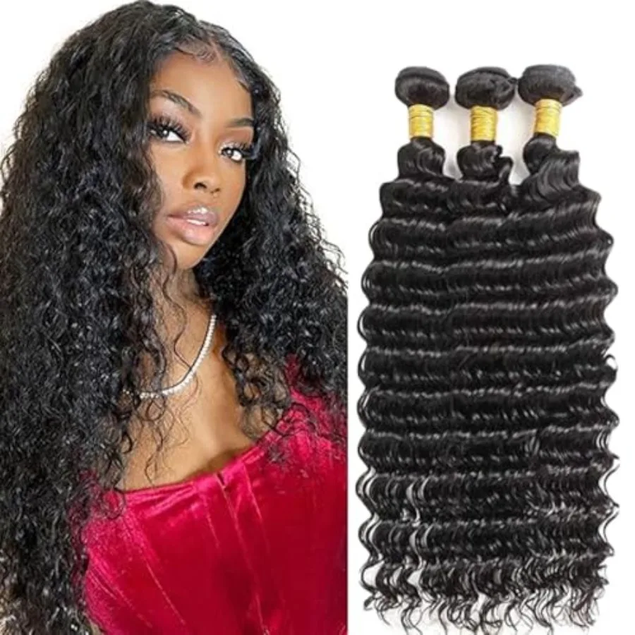 

Deep Wave Human Hair Bundles Natural Black Deep Wave Bundles Human Hair 0% Unprocessed Soft Sewn In Bundles with Double Weft fo