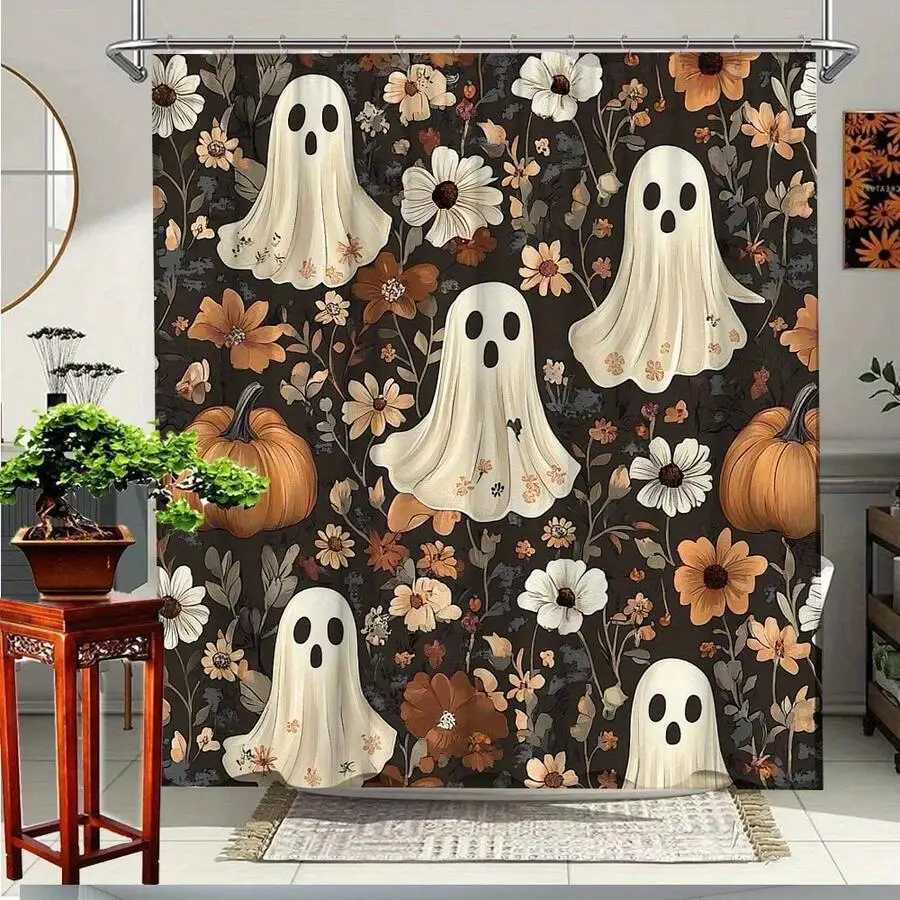 1pc Halloween Ghost Floral Pumpkin Shower Curtain, Polyester Fabric, Bathroom Decor With Ghost And Floral Pattern, Enjoy A Whimsical Experience, Includes 12 Hooks, Bathroom Decor, Home Decor, Bathroom Essentials, Halloween Decorations