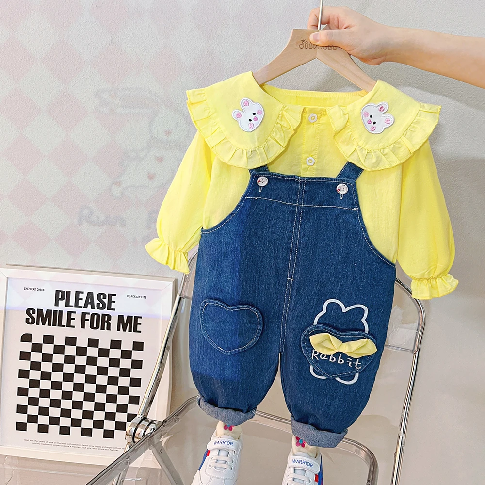 2023 Spring Baby Girls Clothing Sets Toddler Kids Lace Bow Shirt Overalls 2 Pcs Suit Children Sportswear Infant Casual Outfits