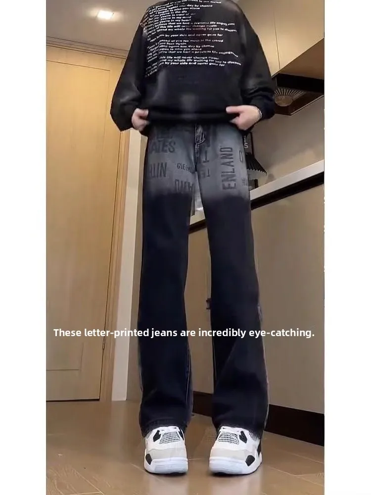 

Мужские джинсы в американском ретро-стиле, с принтом, свободного кроя, прямые, широкие штанины, длинные, в уличном стиле, повседневные