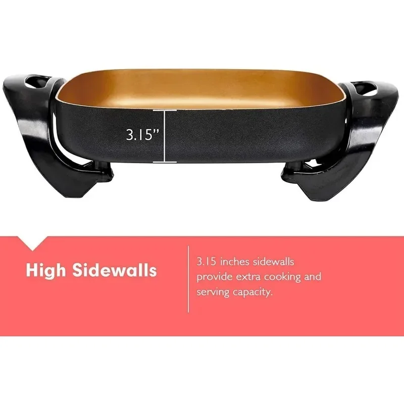 Caynel Professional Non-Stick Copper Electric Frying Pan Deep Pan with Tempered Glass Vented Lid, Upgraded Thermostat