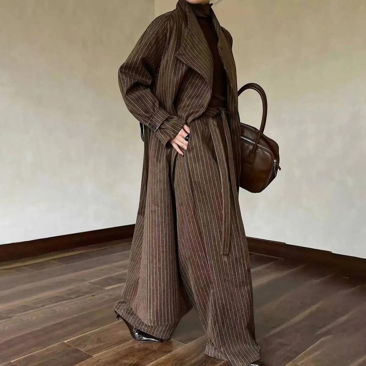 

BJTZ Women's 2025 New Wool Colorblock Belted Trench Coat & High-Waist Wide-Leg Pants 2Pc Set Fall Winter Vintage Chic Elegant