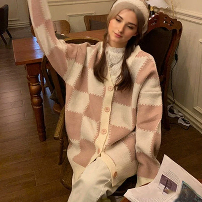 Outono manga comprida elegante blusas de malha casacos moda xadrez com decote em v cardigan malhas soltas jaqueta casual feminina