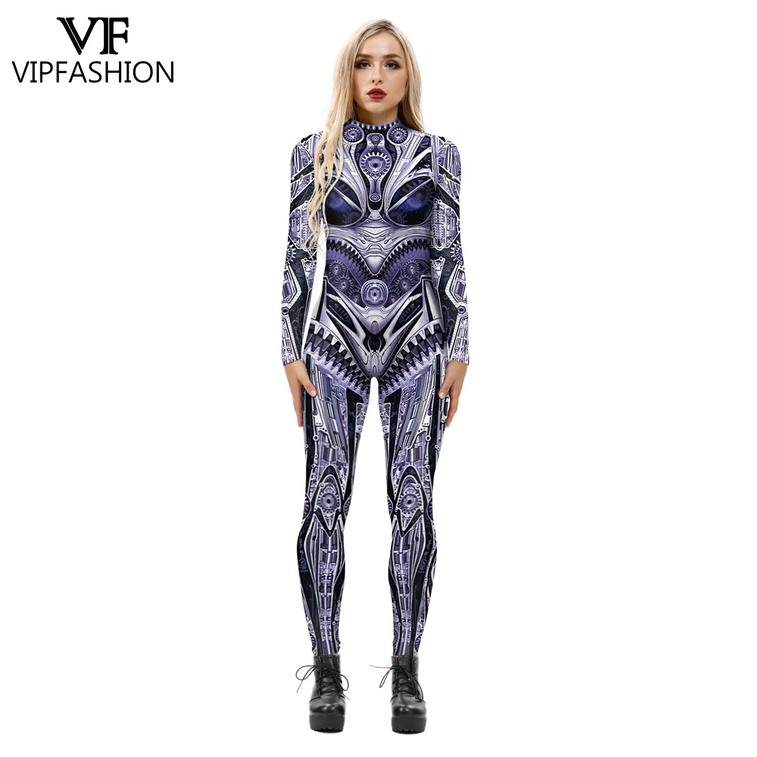 VIP FASHION Halloween Costumes For Woman Retro Robot Punk Style Jumpsuit Catsuit Cosplay Costumes Punk Zentai Bodysuit