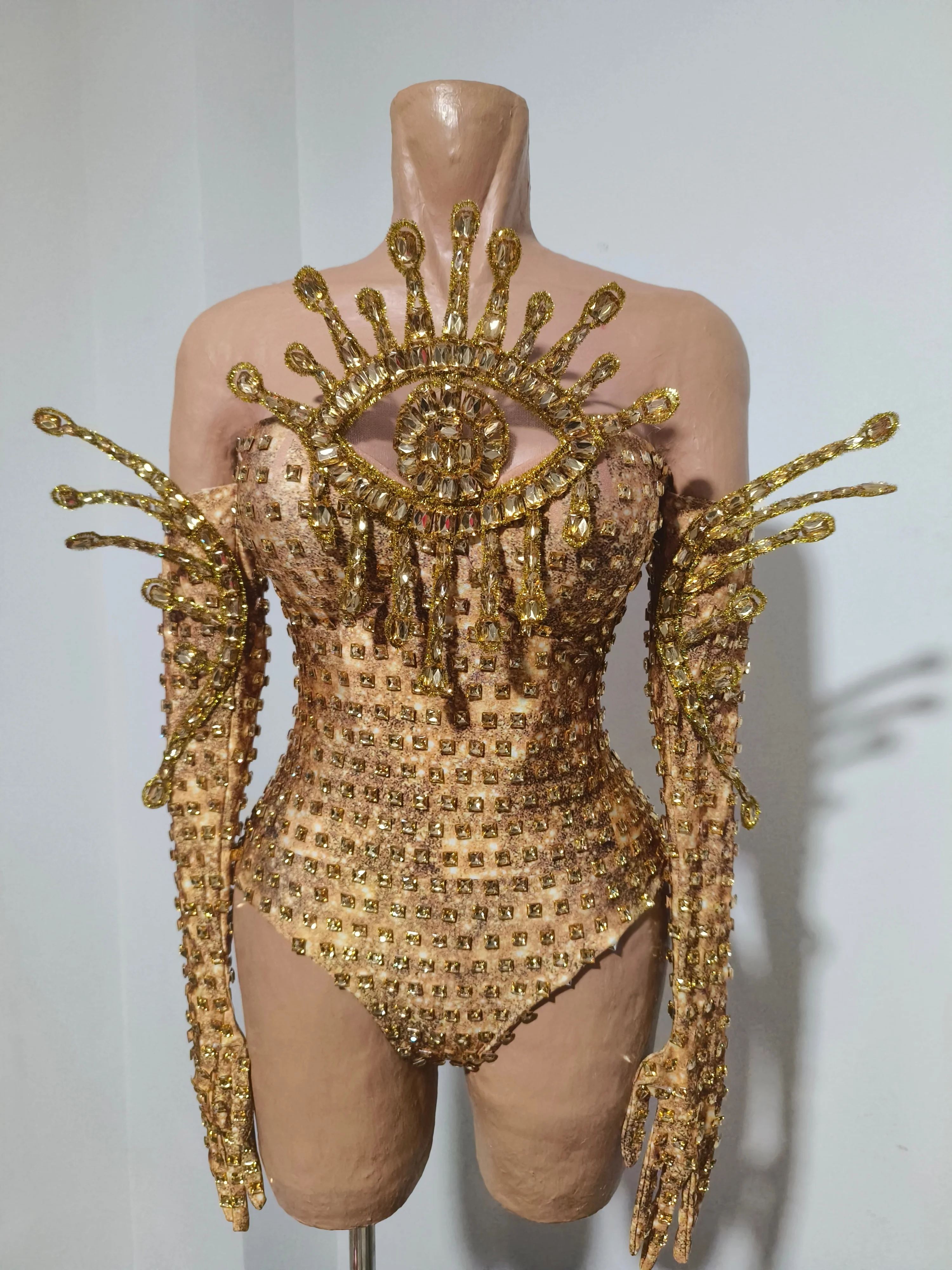 Combinaison extensible sexy pour femme avec strass dorés étincelants, idéale pour soirée, anniversaire, boîte de nuit, chanteuse, danseuse, DJ, costume de scène