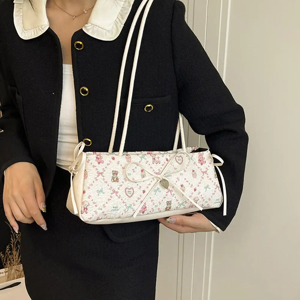 Kawaii Cute Women's Bag Sweet Style High End Underarm Cute Small Bag Print Bag Handbag Shoulder Fashion Bow Bag Single Tren B4O4
