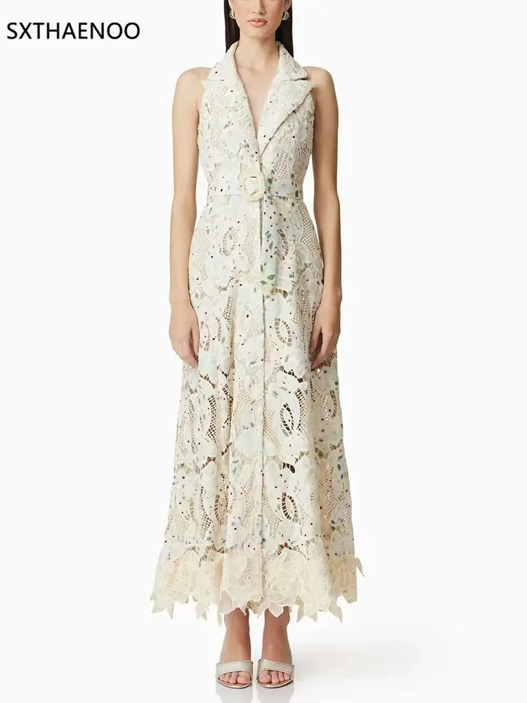 

SXTHAENOO Hit Color Embroidery Hollow Slimming Dresses Women Lapel Sleeveless High Waist Patchwork Sashes Mid Dress Female 2025