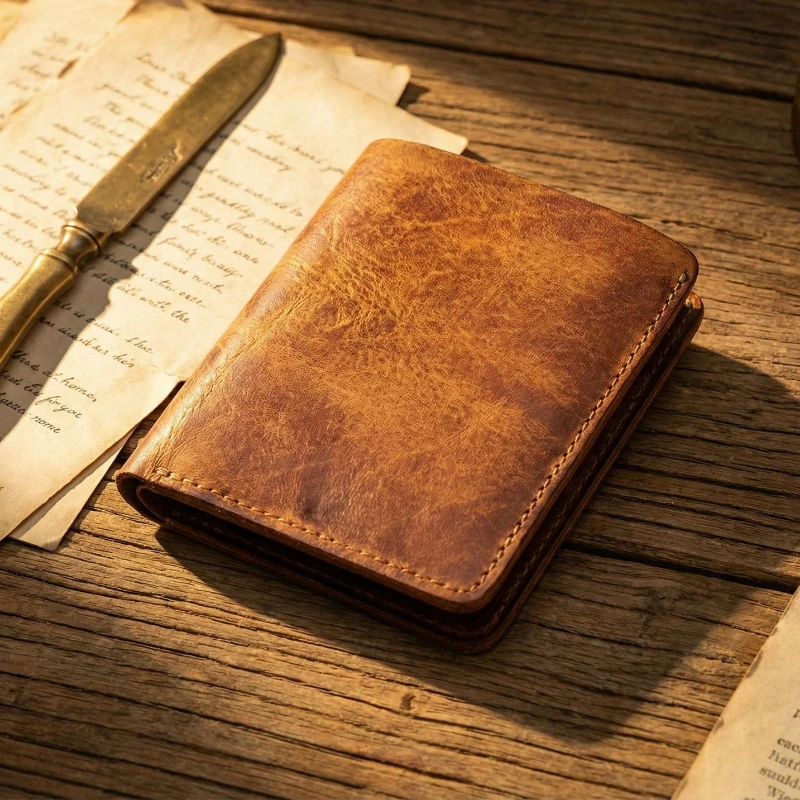 Ultra-Durable Men's Leather Short Wallet, Scratch-Resistant Hand-Rubbed Top Grain Leather Card Holder, Minimalist Travel Wallet