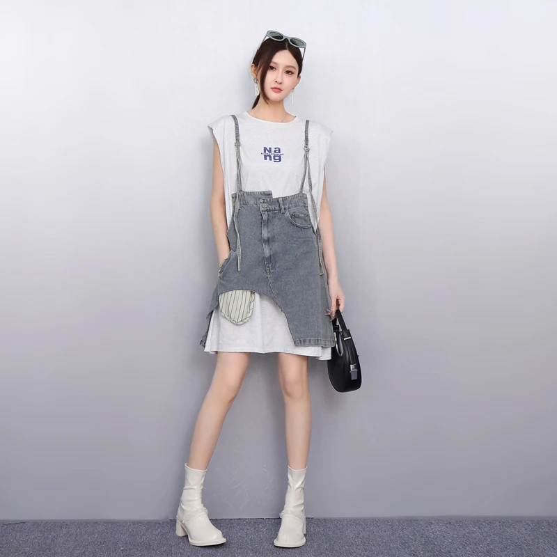 

2025 Spring Summer Elegant Loose T-shirt Strap Cowboy Long Dresses Women Short Sleeve Dress Ladies Wholesale J1159