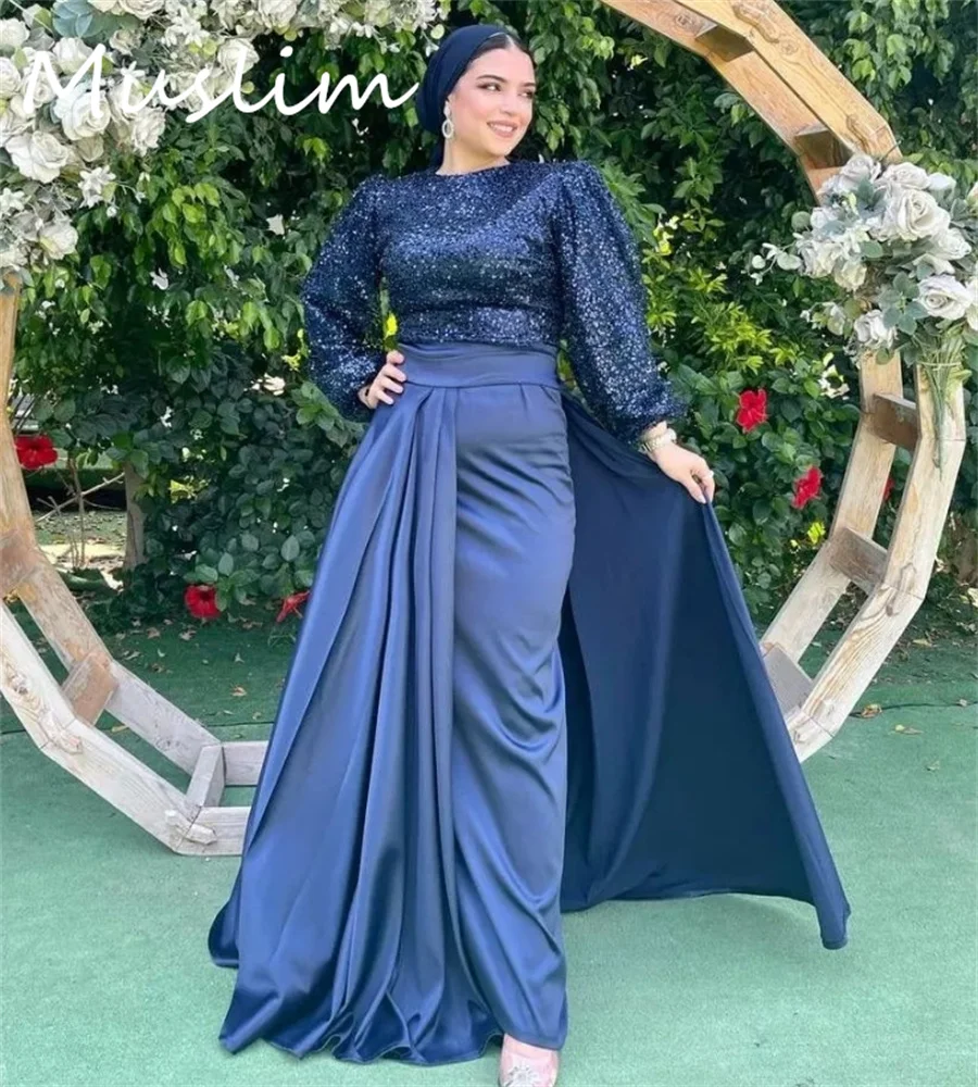 Funkelndes marineblaues muslimisches Abendkleid, elegantes Dubai-Abaya-Pailletten-Abschlussballkleid, langärmelig, saudi-arabisch, islamisch, formell, individuell