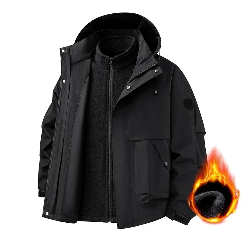 Autumn Winter Men's New Three in One Outdoor Jacket for Couples Warm Hooded Waterproof Two-piece Set Windbreaker Hiking Jacket