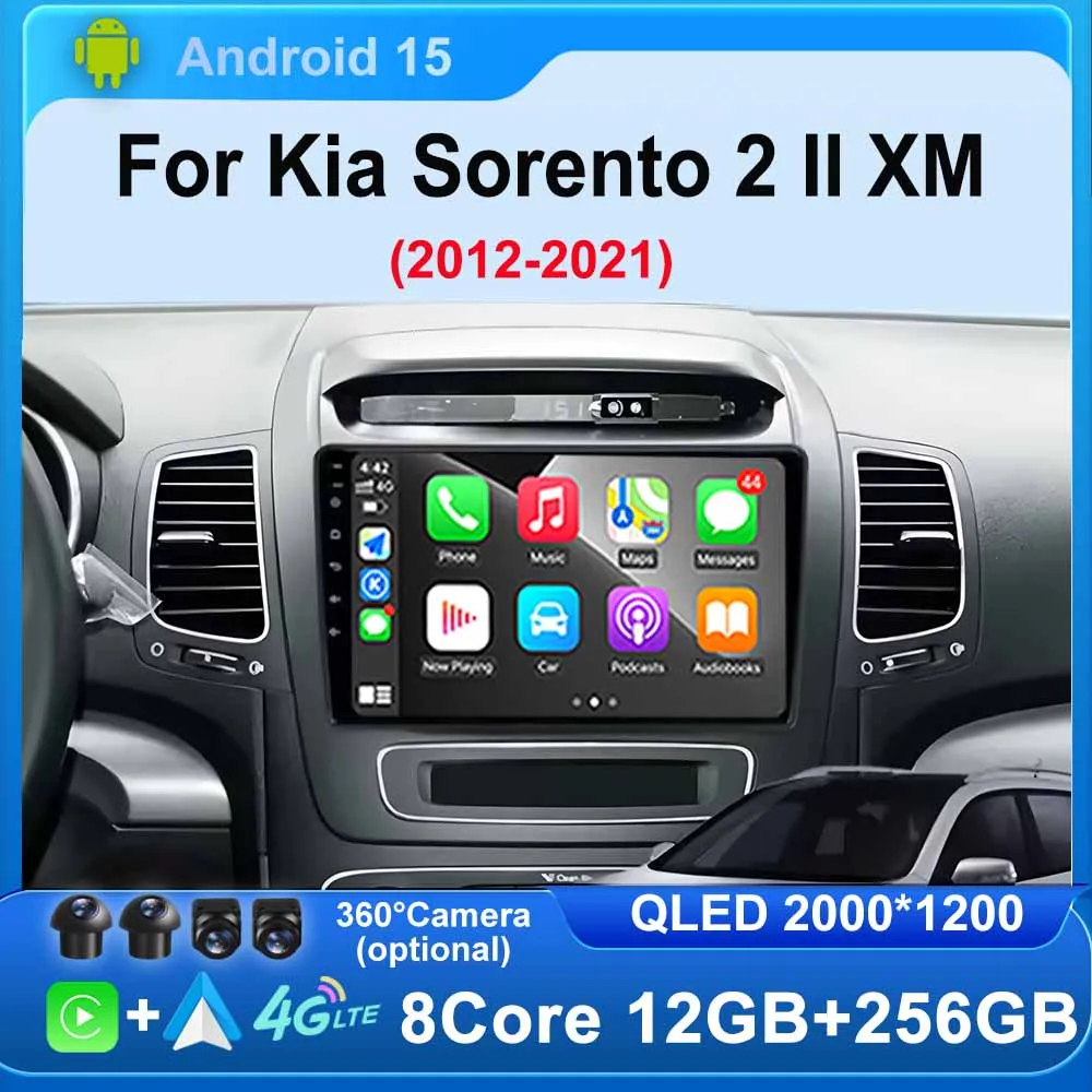 Android 15 Carplay Auto Car Radio Multimedia Player for Kia Sorento 2 II XM 2012 - 2021 Autoradio GPS Stereo 2din Head Unit DSP