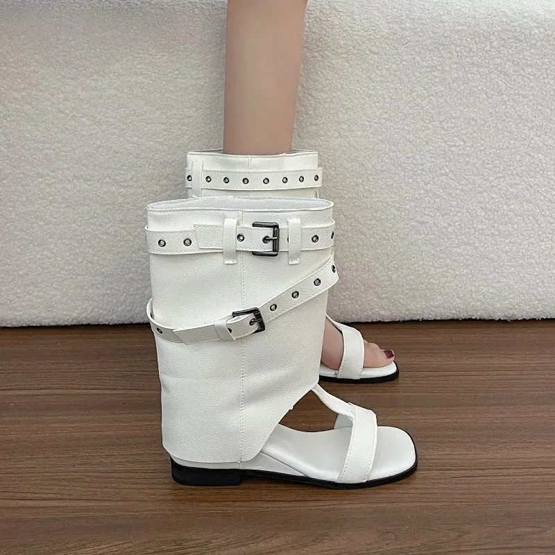 Casual Buckle Strap Internal Elevation Shoes Vintage Summer Daily Wear Gladiator Shoes Open Toe Women Mid Calf Sandals Boots