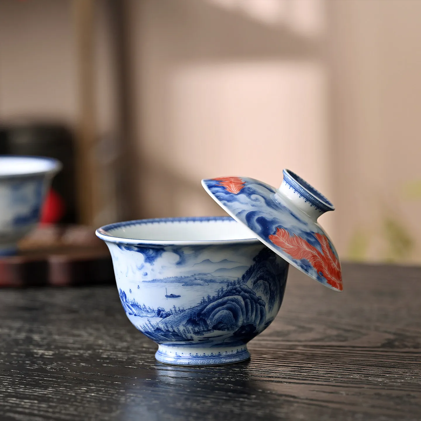 High-End Jingdezhen Blue and White Landscape Hover Gaiwan Not Hot Tea Brewing Bowl Home Ceramic Cup