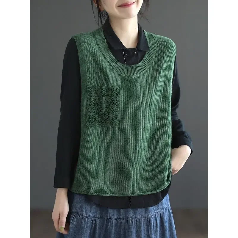 Lace Patchwork Pocket Vest Available in Multiple Colors Top Spring New Round Neck Knitted Pullover Vest Washed Cotton Thread
