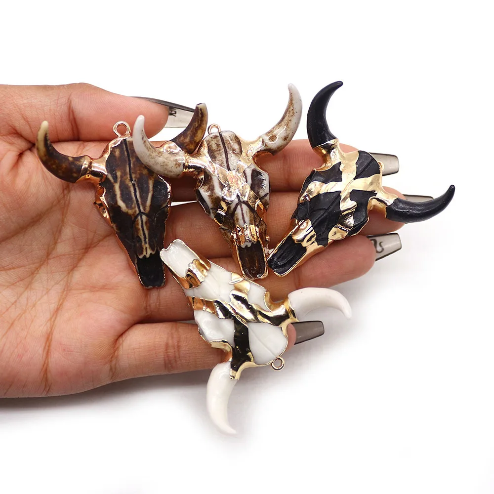 1pc Acrylic Bull Head Bone Shape Pendants Golden Edge Wrapped Design Charms Accessory DIY Making Retro Necklace Jewelry