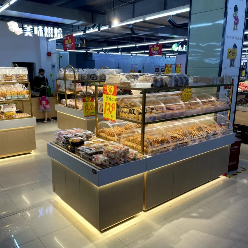 custom.3D Design Wooden Bread Display Cabinet LED Lighting Interior Shelves Bakery Shop
