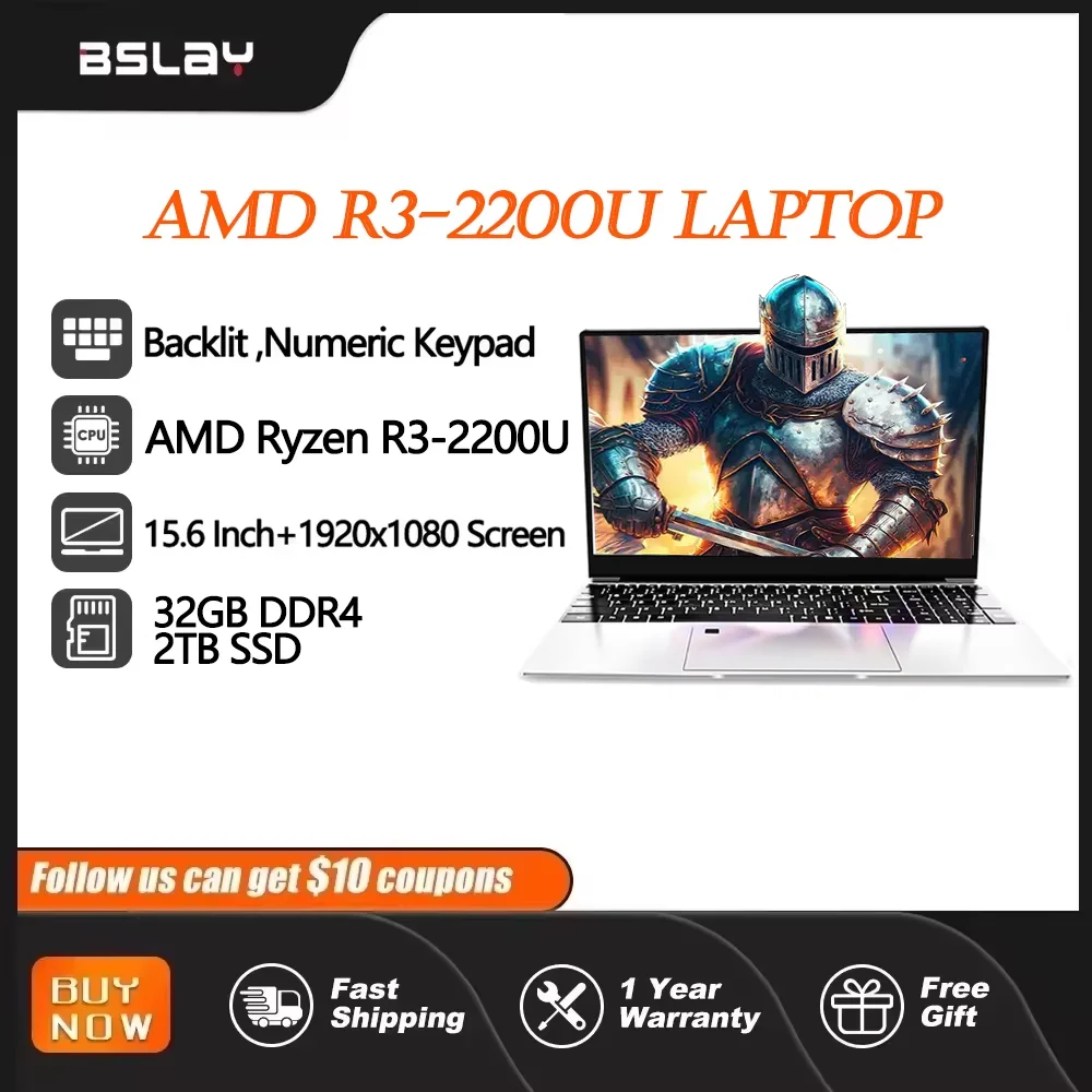 Notebook 15.6 inci AMD R3 2200U, PC Gaming portabel RAM 32GB SSD 2TB DDR4 Windows 11 tombol Blacklit Buka kunci sidik jari