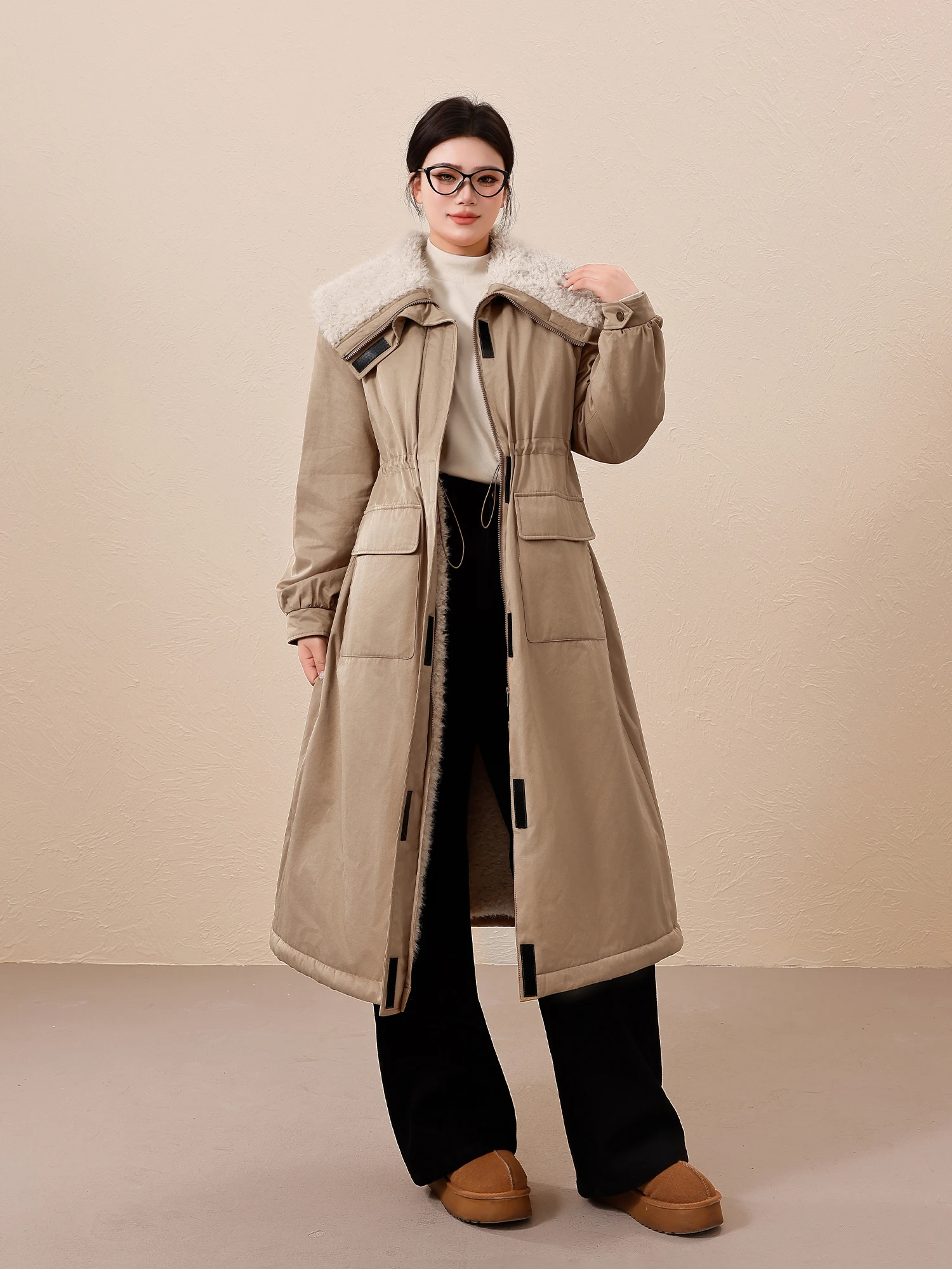 

Теплое зимнее пальто из хлопка цвета хаки средней длины, утягивающее, больших размеров, для женщин, скрывающее недостатки фигуры, в корейском стиле, для повседневной носки