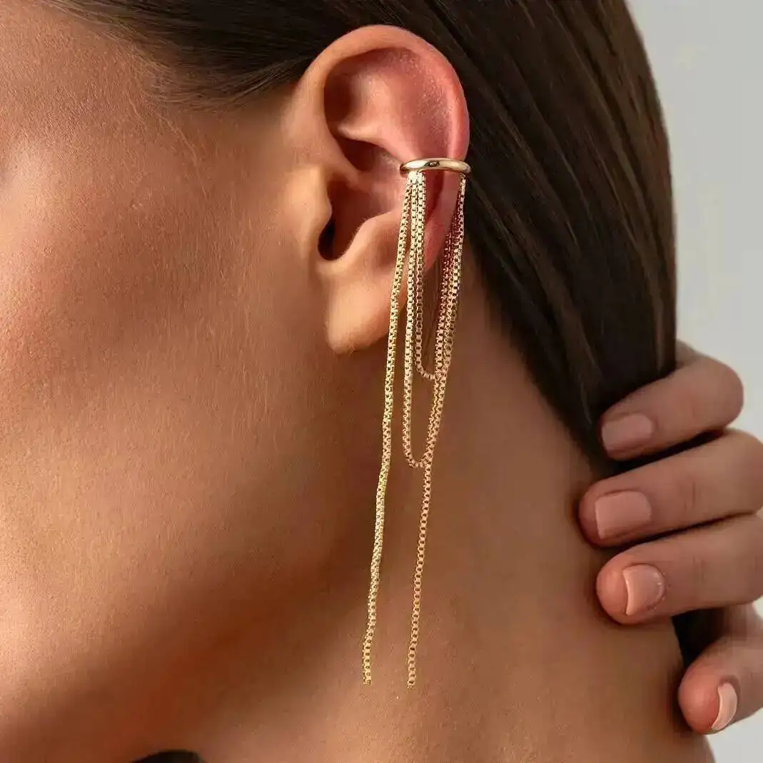Salircon Creative Unique Long Tassel Clip Earrings Women 2026 New Fashion No Piercing C-Shape Ear Cuff Ear Clip Daily Jewelry