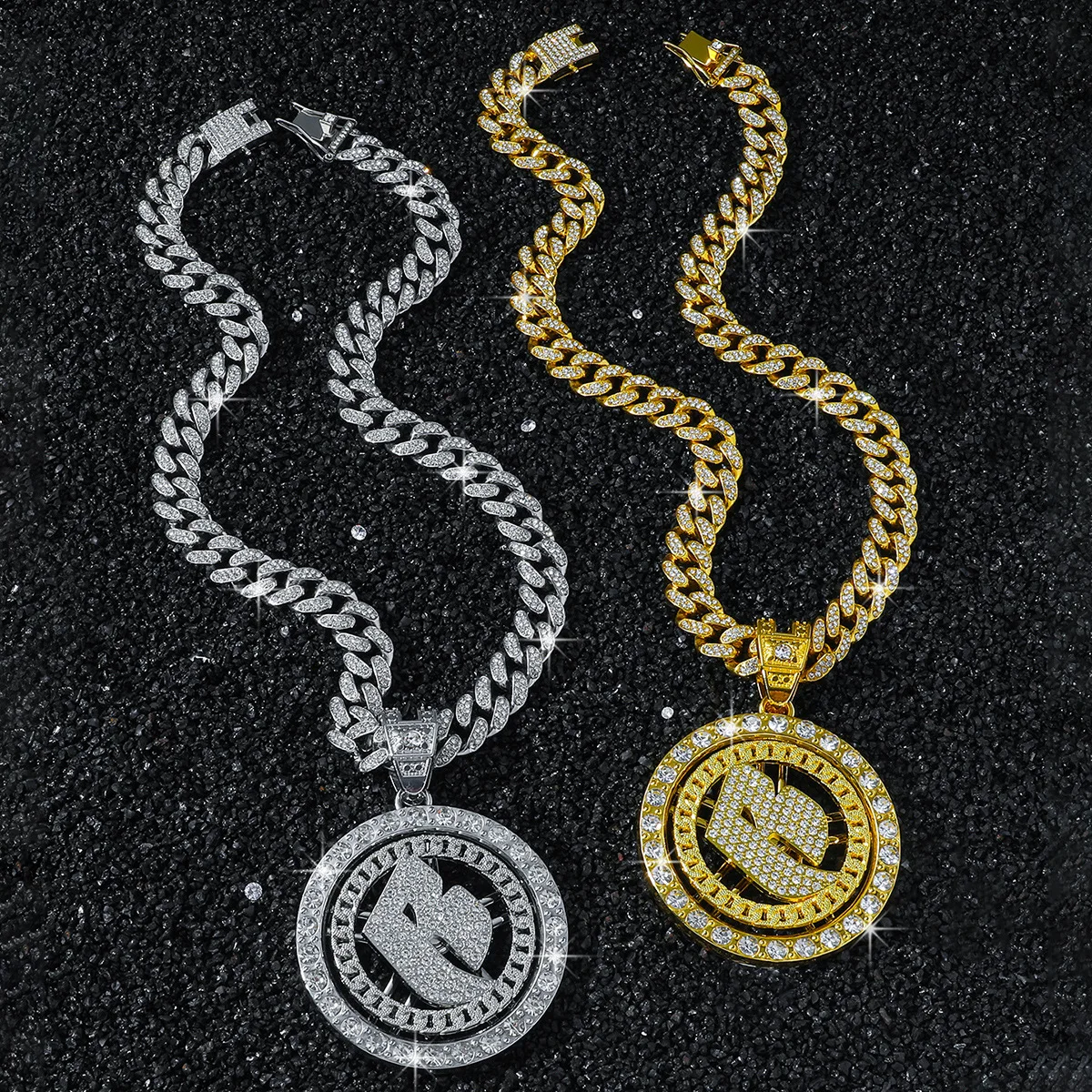 Men's Full Diamond Chain Hip-Hop Style Personality Turn Letter B Pendant Necklace Jewelry