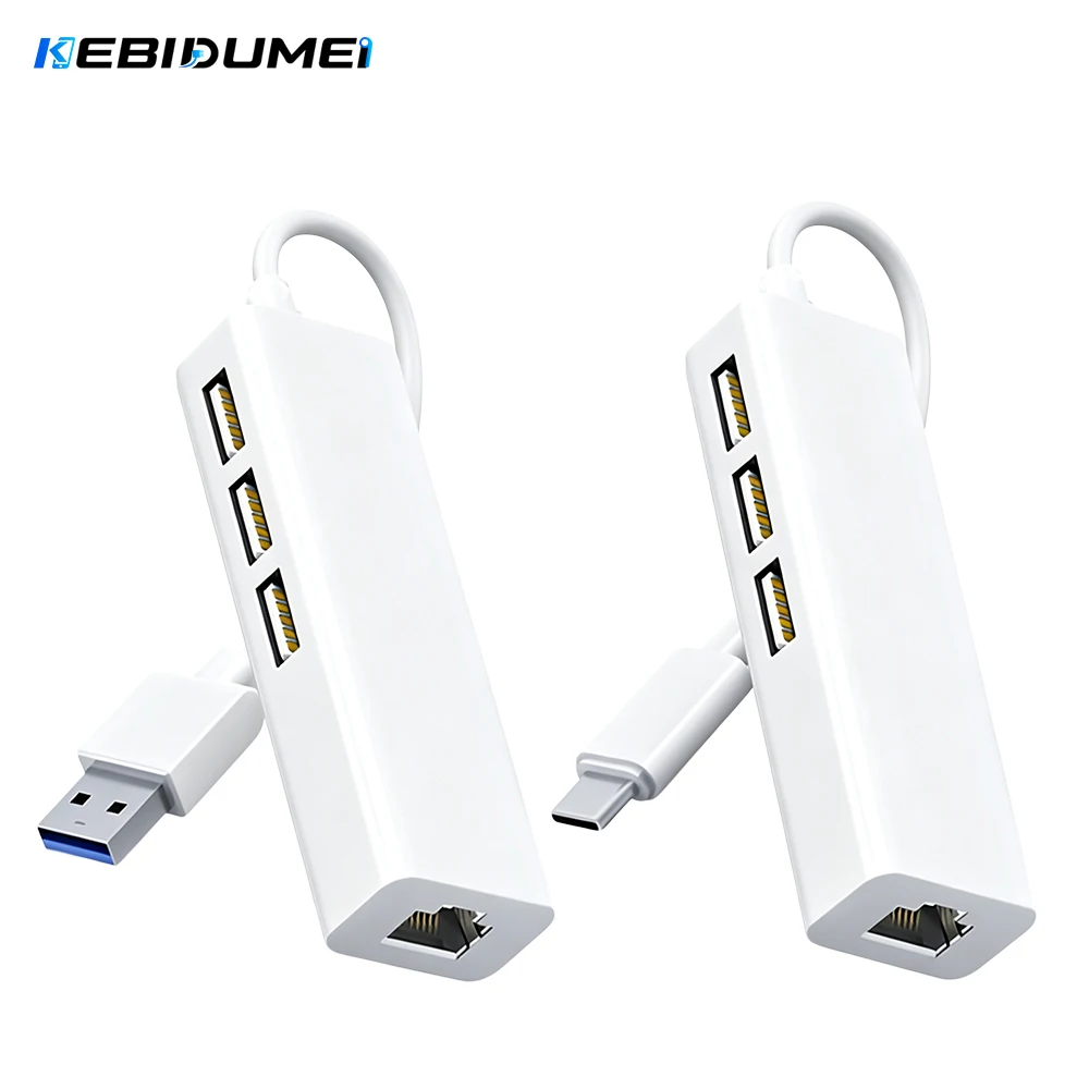 KEBIDUMEI 4 in 1 100Mbps RJ45 LAN Network Card  3 Port USB2.0 Hub USB Ethernet Splitter Plug and Play for PC Office Laptop