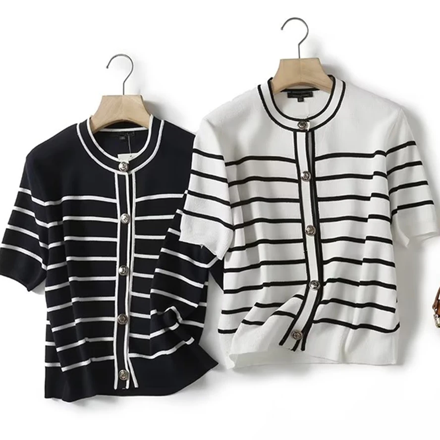 

Maxdutti French Fashion Office Ladies Single Breasted Sweaters Women Simple Round Neck Striped Top Knit Cardigan Casual