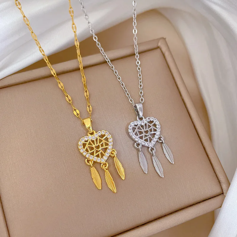 Fashion Heart Dream Catcher Zircon Pendant Necklace for Women Girls Stainless Steel Chain Party Accessories Jewelry Gifts