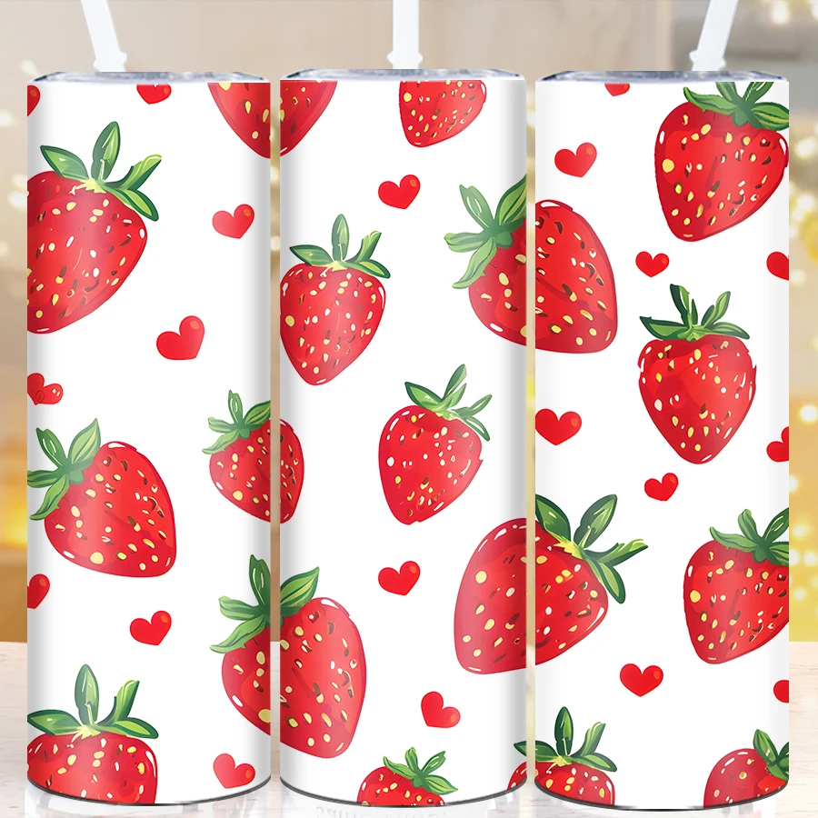 

1Pc Festive Party Tumbler Straw Lid 20oz 3D Print Strawberry Skinny Art Water Bottle Stainless Straight Christmas Birthday Gift