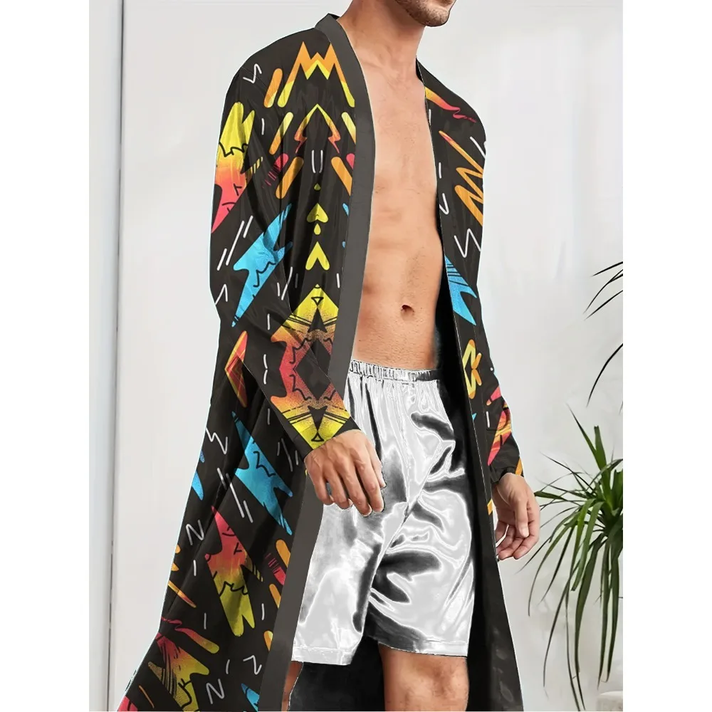 Spring Autumn men's long robes are trendy quick drying, with fun digital printed nightgowns for leisure entertainment at home.