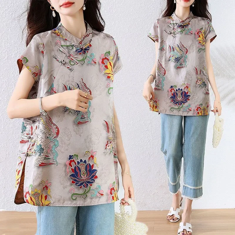 Satin Vintage Short Sleeve Women's Summer New Style Loose and Slim-fitting Plate Button Fashion Short Sleeve Round Neck Top