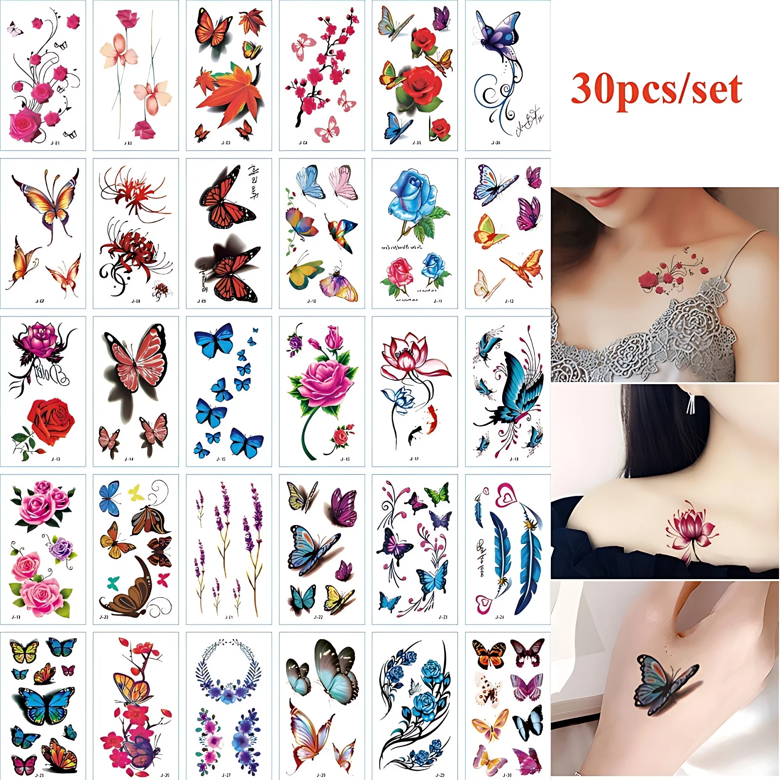 30pcs/set Flower Tattoos Stickers 3D Butterfly Feather Fallen Leaves Fake Tattoos for Women Girls Ladies Neck Leg Feet Thigh