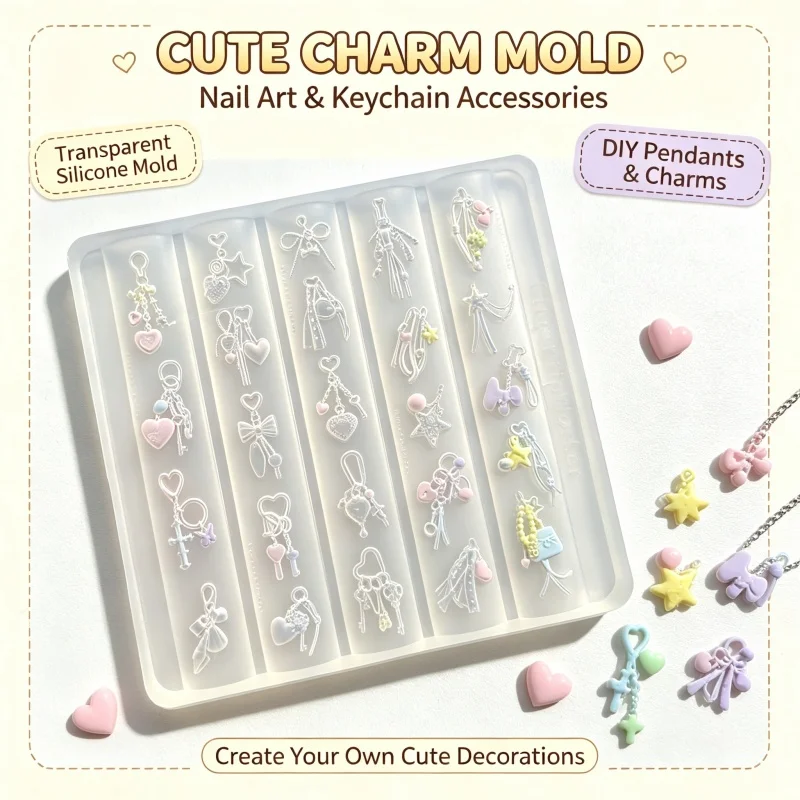 Multi‑Pattern Heart Bow Star Pendant Silicone Mold, Handmade DIY Nail Charms Keychain Resin Craft Mold