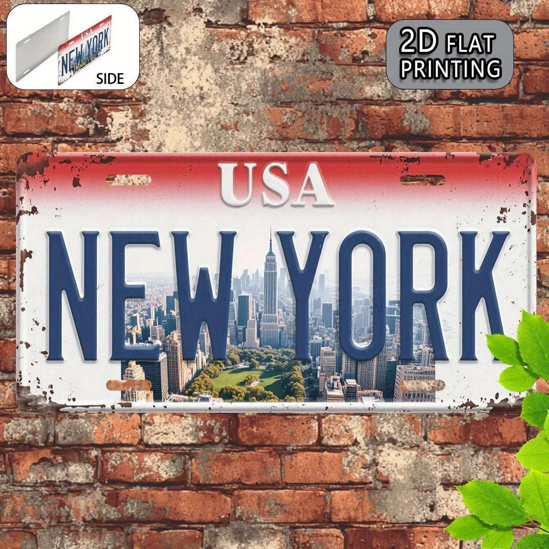 2D Flat, 1pc Retro New York Metal Plaque Frame - Retro New York Skyline with Empire State Building, Brushed Surface Wall Decor