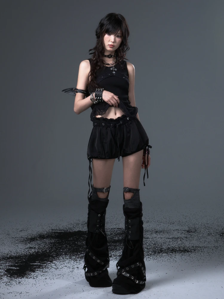 Frustration Garden Original Punk Rock Butterfly Drawstring Dobby Bud Puff Shorts Skirts Black Casual Cute All Match Shorts Women