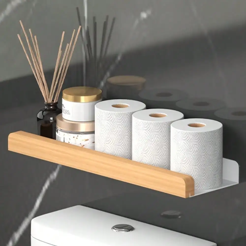 

1 Space-Saving Hanging Bathroom Shelf: No Drilling, Natural Wood, For Cosmetics/Shower Supplies (Home/Kitchen).