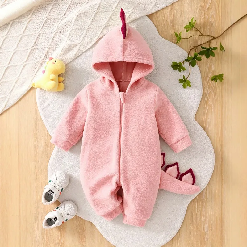 Baby Boy Green Dinosaur Romper Spiky Back Long Tail Fleece Jumpsuit Infant Toddler Hooded Bodysuit Cosplay Costume Clothes