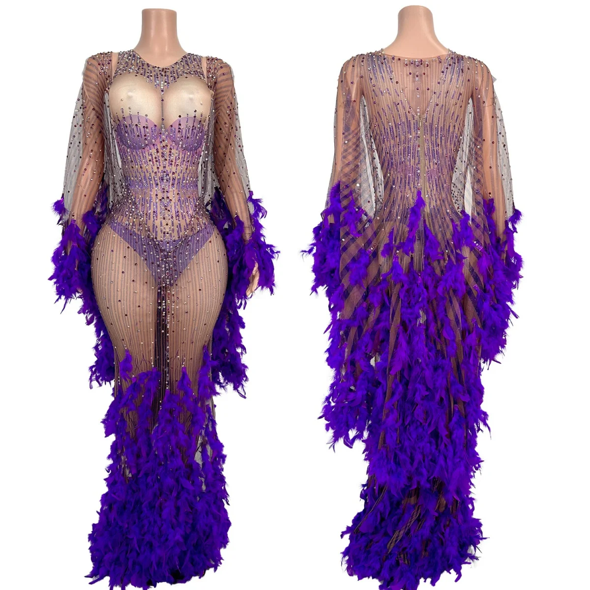 

Carnival Dance Party Samba 2Pieces Set Women Sexy See Through Mesh Cloak Tight Fitting Jumpsuit Purple Feather Drag Queen Wear