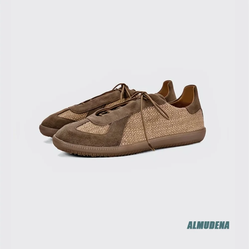Patchwork Suede Linen Sneakers for Men Vintage Breathable Lace Up Flat Sole Shoes Versatile Daily Outdoor Comfort Walking Shoes