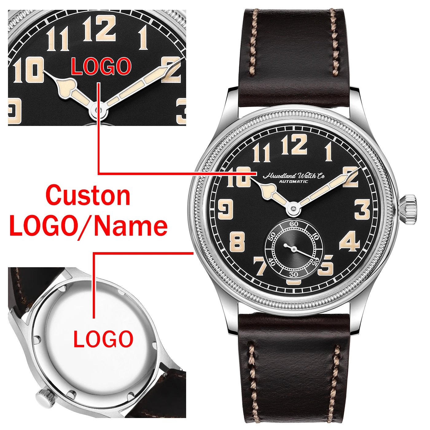 Custom Dial Logo Pilot Watch Mark Automatic Man 38mm Vintage C3 Lume Domed Bubble Crystal Oil Leather Strap Personalized Watches