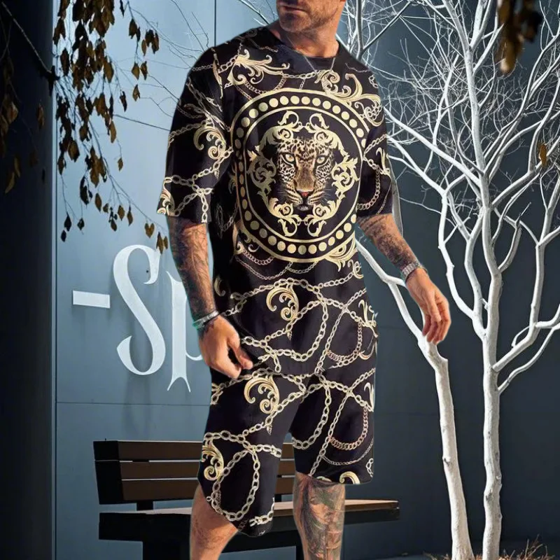 

25/26 New Summer Set Men's T-shirt Trendy American Street Printed Round Neck Men's Set Trendy Handsome Sports Two Piece Set