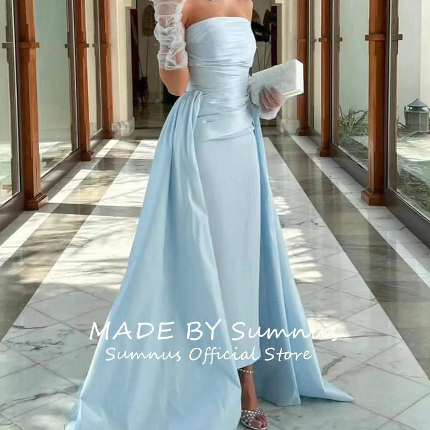 Sumnus Elegant Strapless A Line Evening Dress Sleeveless Pleated Satin Prom Dress With Train Custom Made Formal Occasion Gown