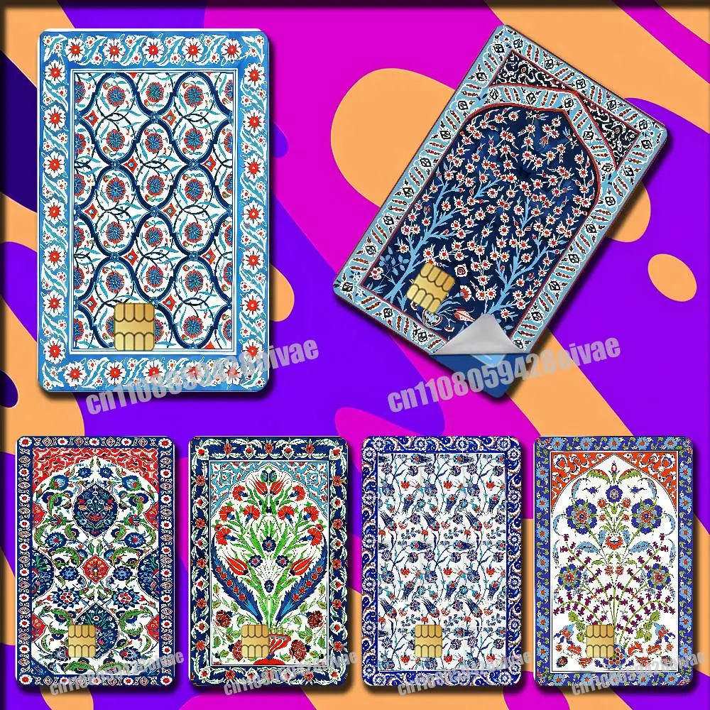 

For Turkish Tile Watercolor Art Painting Iznik Tile Floral Prints Credit Bank Sticker Film Waterproof Card Full Cover Skin ID