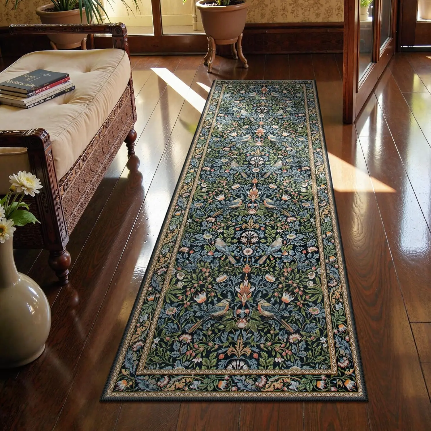 Non Slip Washable Runner Rug Ultra Thin, Boho Stain Resistant Kitchen Rug Botanical Decor for Entryway Bedroom Laundry Green