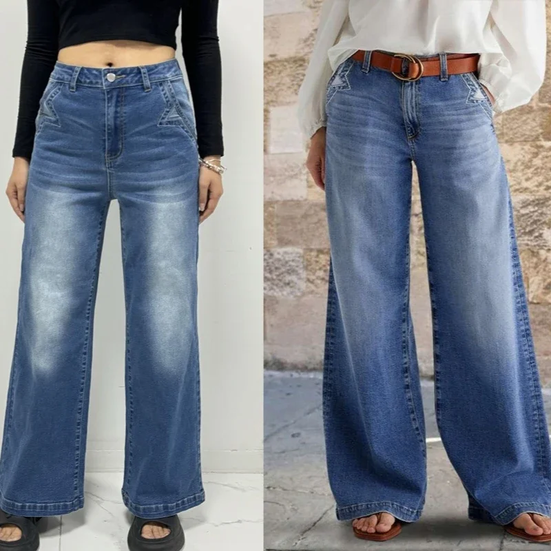 

Women Jeans Wide Leg Pant Denim Long Pants Vintage Button Pocket Blue Straight Trousers Loose Casual High Waist Y2k Streetwear