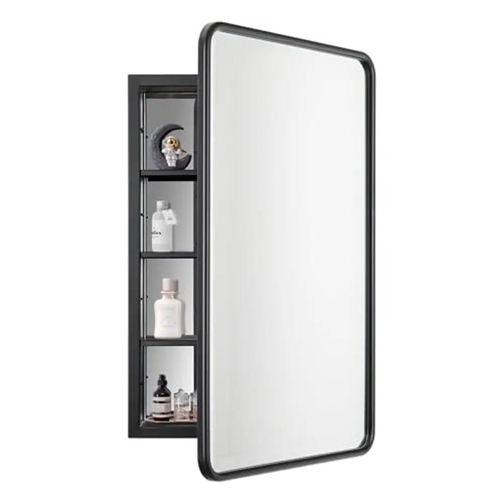 Black Metal Frame Medicine Cabinet Mirror Storage Wall Mounted Recessed Door Soft Close Aluminum Shelves Shelf Adjust