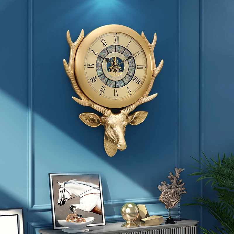 Light Luxury Brass Deer Head Wall Clock Home Luxury Decorative Wall Watch Creative Living Room Metal Gear All Brass Luxury Clock