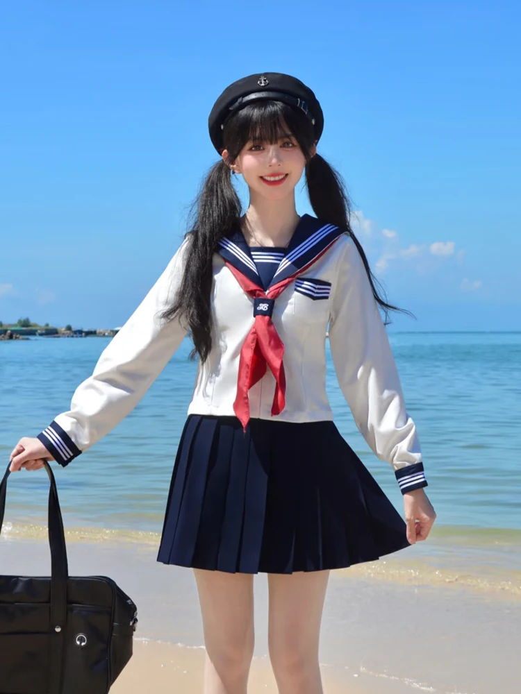 Tamanho grande jk feminino japonês ciano marinheiro faculdade manga longa camisa solta primavera outono versátil de cintura alta conjuntos de saia linha a