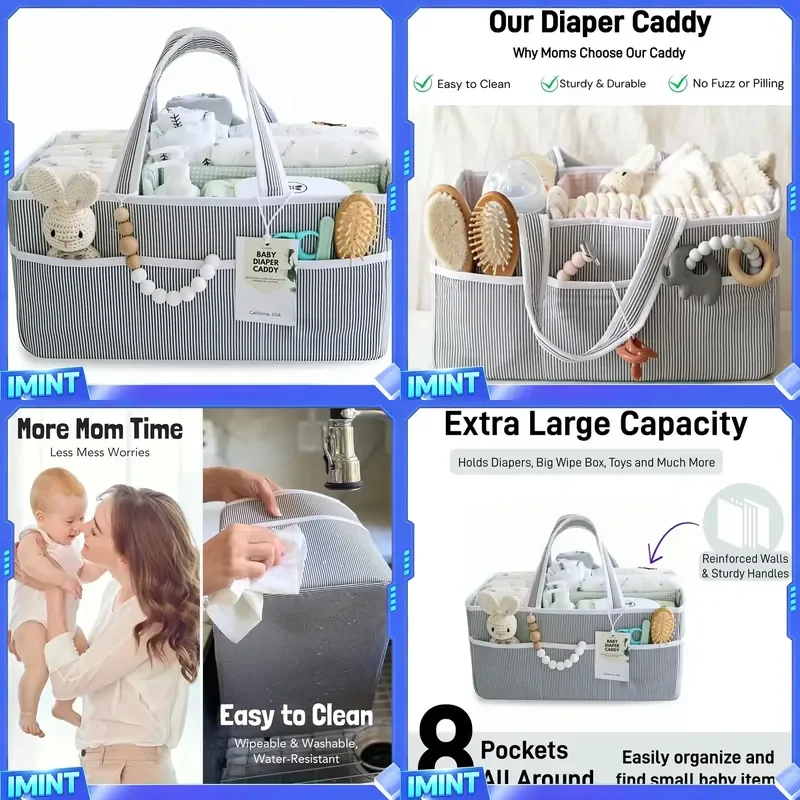 Fabric Diaper Caddy Organizer, Portable Breathable Cotton Nappy Storage Basket with 3D Structured Pockets,Baby Essentials