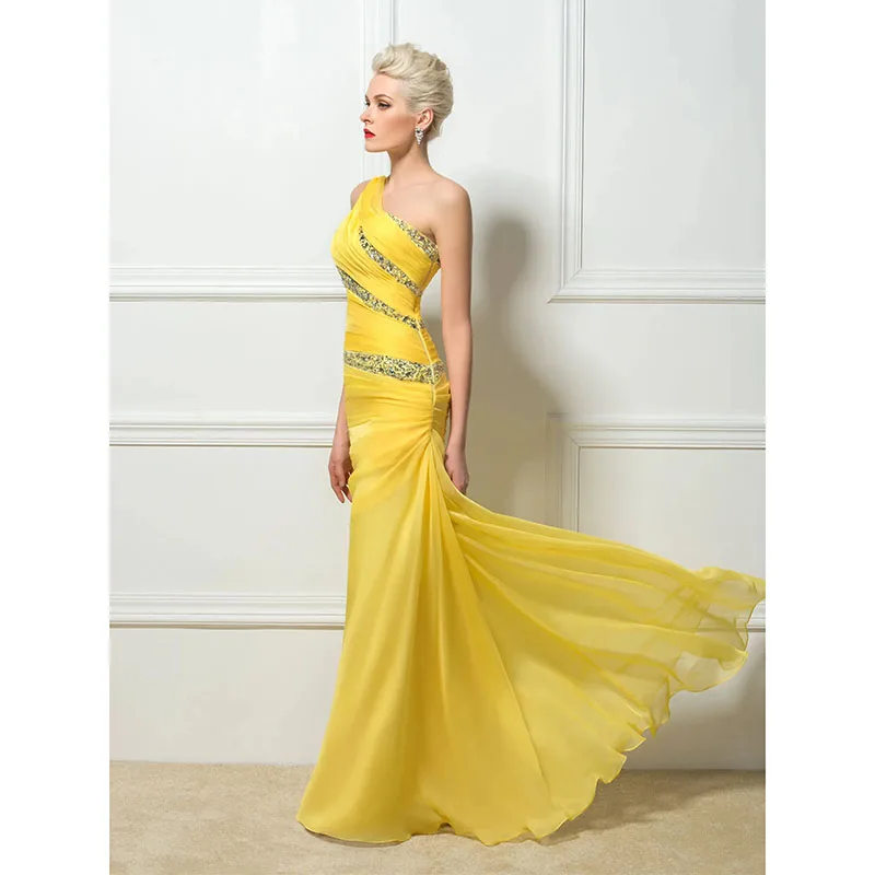 Modern One Shoulder Mermaid Evening Dresses Pleats Beaded Long Prom Dress Backless Yellow Formal Party Events Gowns For Women